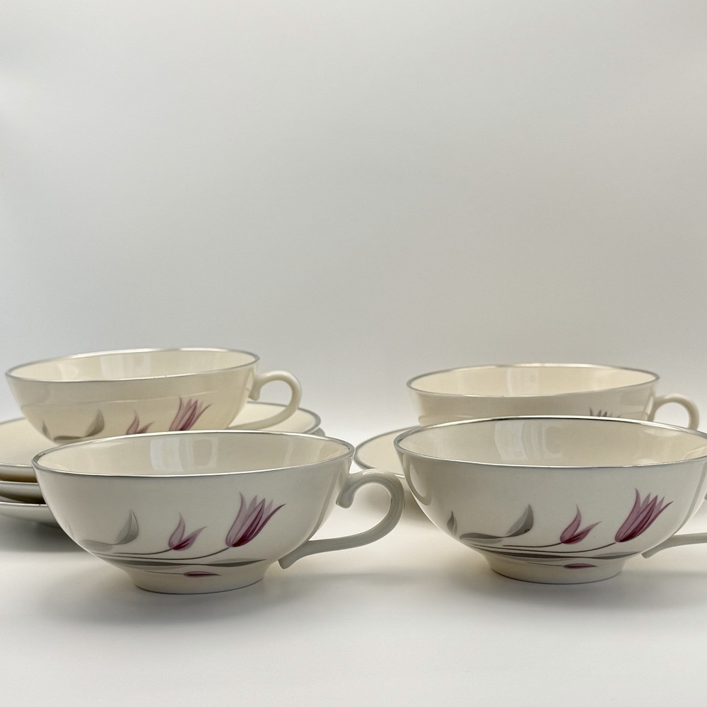 Vintage Franciscan China Carmel Set of 4 Tea Cups Saucers Pink Floral Tulips USA
